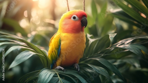 Colorful parrot perched on lush green leaves in a vibrant tropical setting du...