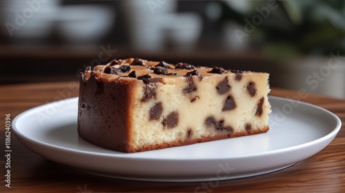 Delicious chocolate chip cake on a plate with a simple background and soft li...