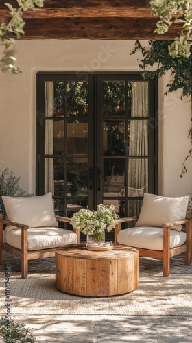 Cozy outdoor seating area with stylish chairs and lush greenery in a garden s...
