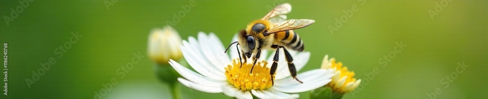 Yellow and black striped bee hovering above delicate white petals, Osmia lignaria, floral Yellow and black striped bee hovering above delicate white petals, Osmia lignaria, floral