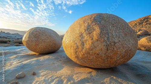 Unique spherical boulders align along a gravel path in a scenic landscape