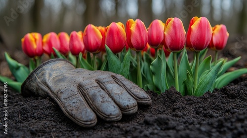 Vibrant red tulips emerging from dark soil with gardening gloves in springtim...