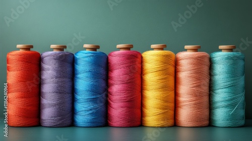 Colorful spools of thread arranged in a row on a green background for craftin...