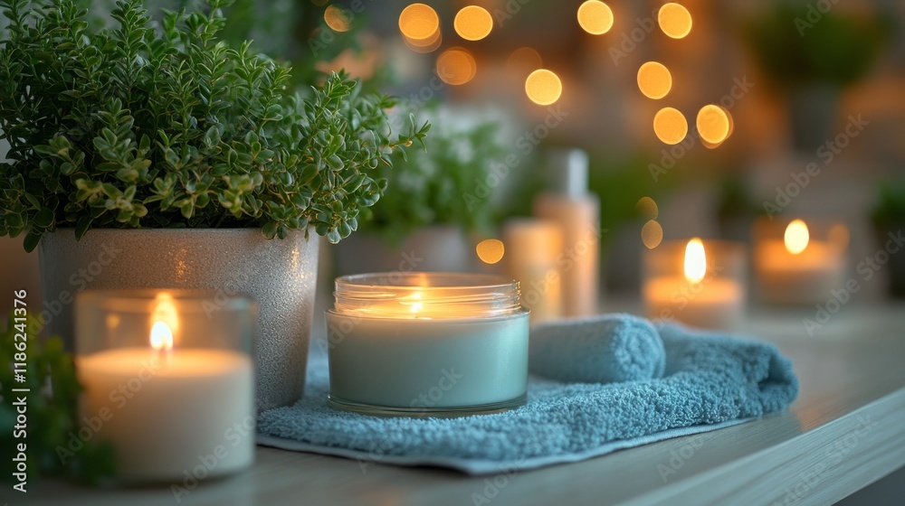 Serenity of scented candles and skincare products arranged aesthetically in a calming space Serenity of scented candles and skincare products arranged aesthetically in a calming space