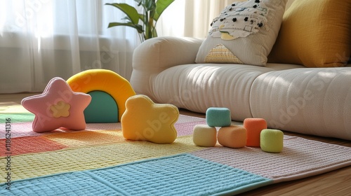 Colorful plastic play pieces lined up on a textured mat in a playful indoor e...