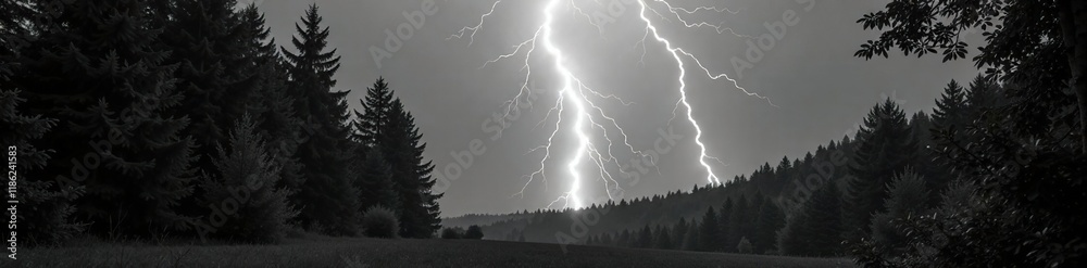 Fork lightning illuminating a dense forest landscape, black and white photography, summer storm
