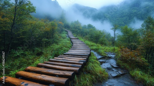 Serene wooden path winding through lush green forest on a misty morning