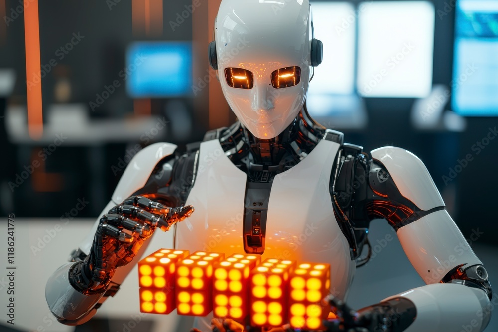 Fototapeta premium High-tech Robot Carefully Arranging Glowing Blocks in a Modern Workspace with a Futuristic Design and Advanced Technology Elements Highlighting Innovation and Creativity