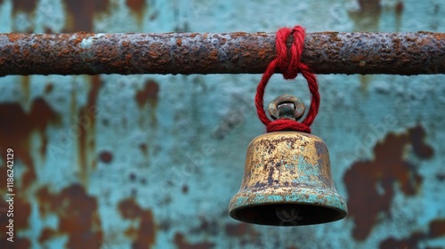 Unique bronze bell with red braided string on textured surface for artistic d...