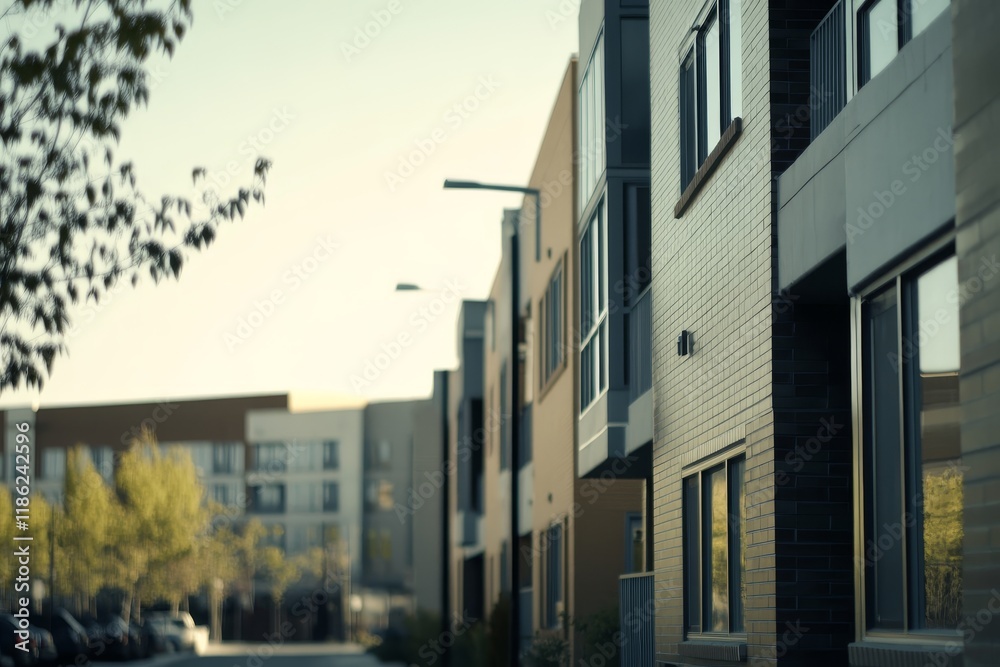 Modern apartment buildings on a quiet street at sunset. Modern apartment buildings on a quiet street at sunset.
