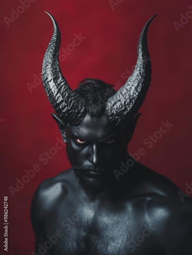 Dramatic Portrait of a Horned Devil Against a Deep Red Background with Empty Copy Space for Text Featuring Glossy Black Skin and Intense Expression photo