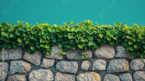 Green foliage atop rustic stone wall against a vibrant blue background in bri...