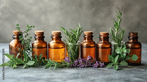 Assorted herbal oils and spices arranged on a dark surface showcasing vibrant...