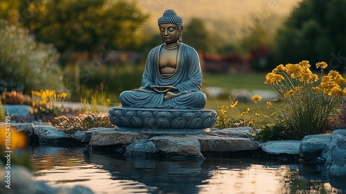 Serene golden Buddha statue surrounded by blooming flowers in a tranquil gard...