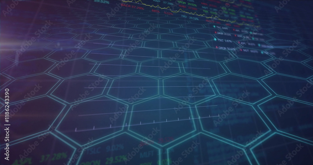 Image of financial data processing over network of hexagons Image of financial data processing over network of hexagons