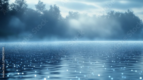 Serene morning mist over tranquil lake at dawn with shimmering water reflections