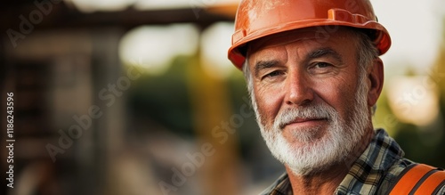 senior male builder in orange hard hat and reflective vest smiling in closeup portrait against blurred construction site background with warm evening light