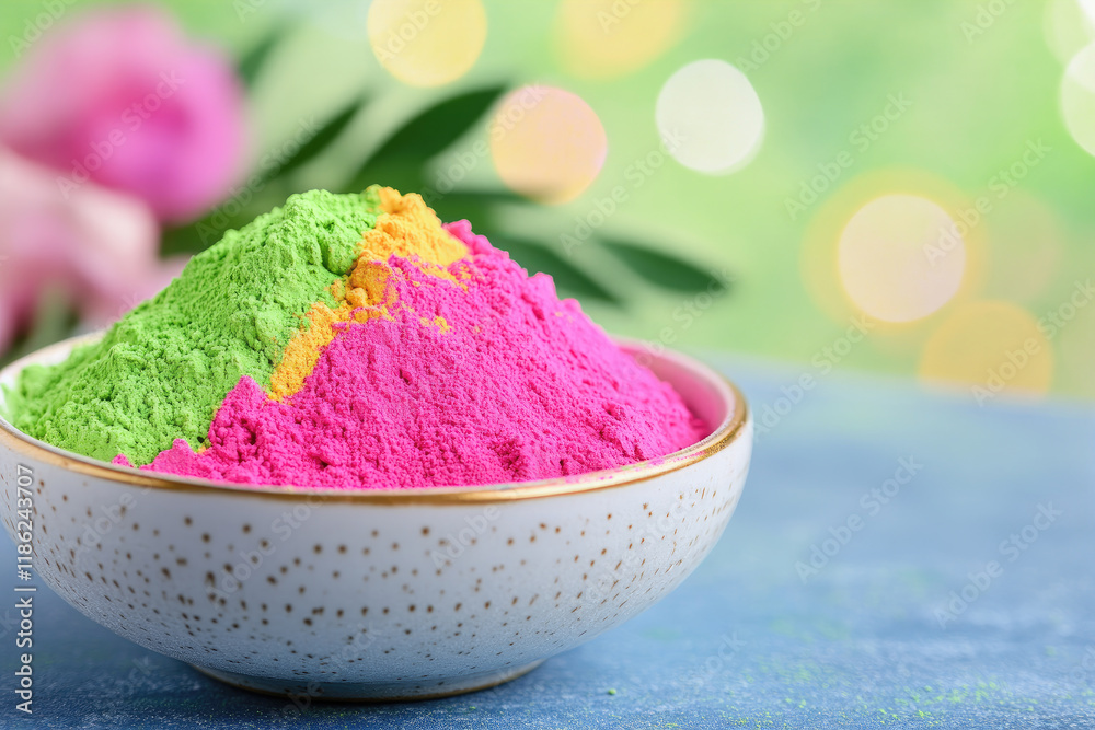 Colorful powders in a white bowl with a gold rim Colorful powders in a white bowl with a gold rim