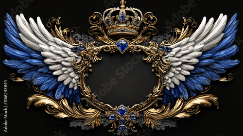 A majestic royal frame with a golden crown dual-tone blue and white angelic wings and intricate gold ornamentation set against a dark background  
