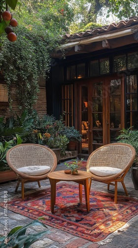 Cozy outdoor seating area with stylish chairs and lush greenery in a garden s...
