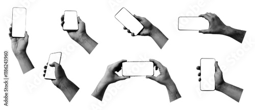 Set of hands with a phone in retro halftone style. Vector.