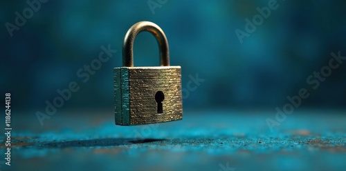 Bronze lock hovering in air on a blue surface, mysterious, lock, azure