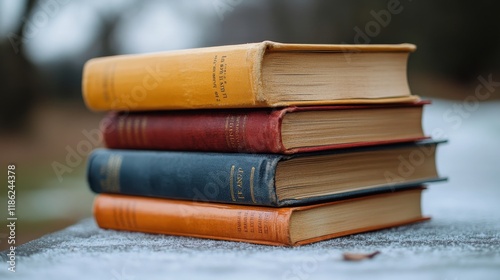 Stack of vintage books on a marble surface showcasing their worn covers and s...