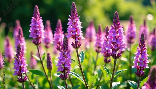 Dense purple loosestrife Lythrum salicaria in a sunny summer morning garden, sunshine, loosestrife, lythrum photo