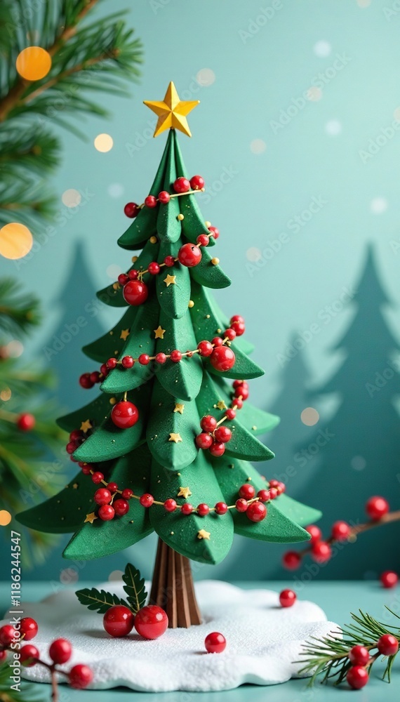 A small paper Christmas tree with garland and berries, festive, berries, forest A small paper Christmas tree with garland and berries, festive, berries, forest
