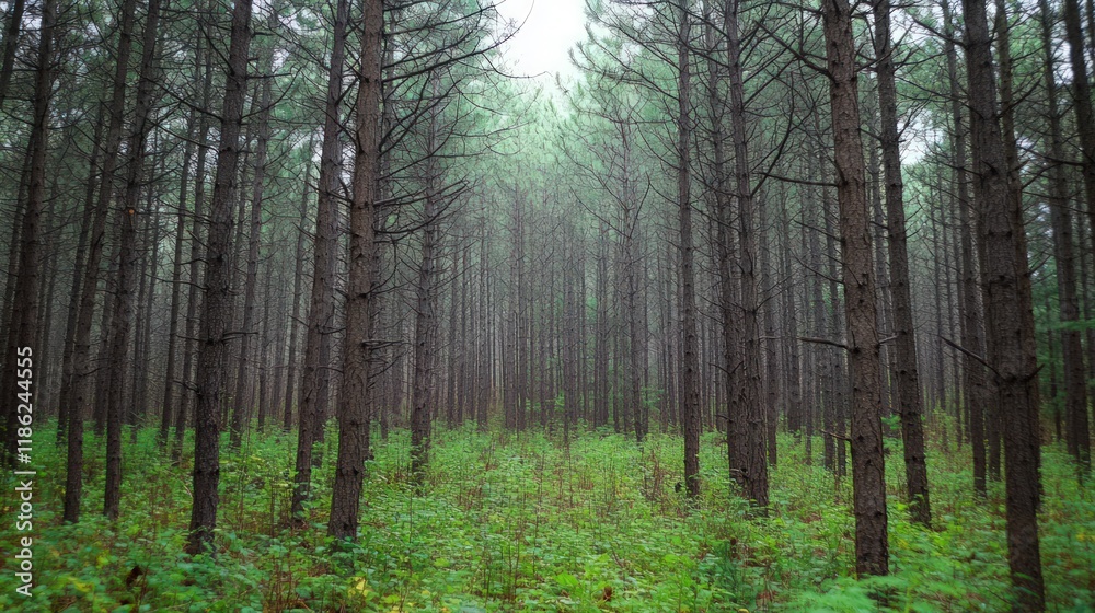 Fototapeta premium Misty Pine Forest: Tranquil Woodland Path