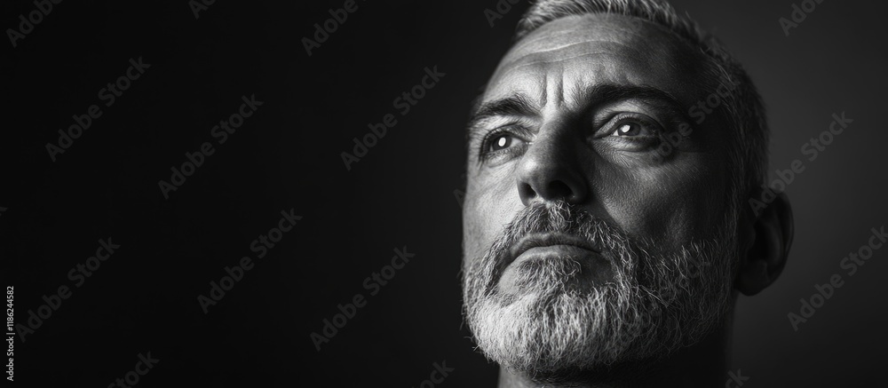 Grayscale portrait of a mature man with silver hair and beard in a dimly lit room, showcasing deep contemplation and vast empty space for text. Grayscale portrait of a mature man with silver hair and beard in a dimly lit room, showcasing deep contemplation and vast empty space for text.