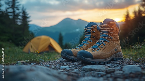 Outdoor adventure scene with hiking boots in a tent during rainy weather near...