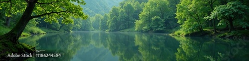 Mossy trees reflected in the lake's calm surface, serene, foliage