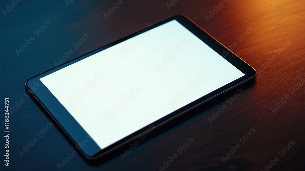 Modern tablet displaying large blank screen for text on dark wooden surface with warm ambient light, top-down perspective, sleek design, minimalist concept, perfect for digital content.