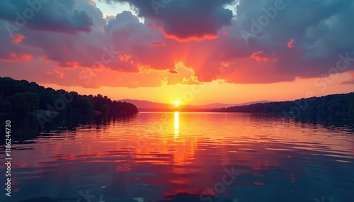 Horizontal light band on the river's surface at sunset, landscape, calm, sunset