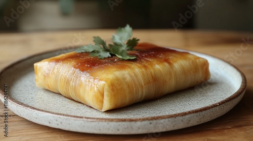 Delicious homemade rice cake wrapped in bamboo leaves on a rustic plate in a ...
