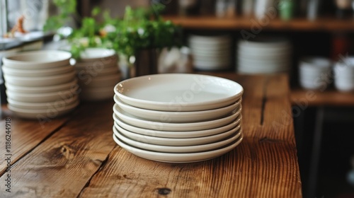 Stacked ceramic plates on a rustic wooden table in a cozy dining area