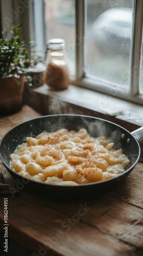 Delicious potato dish garnished with herbs served in a black skillet on a woo...