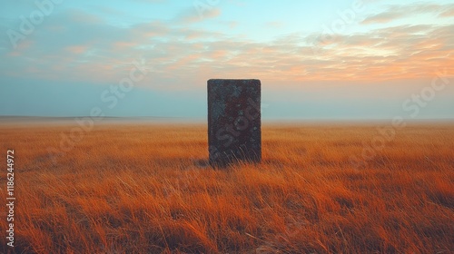 Tall stone monolith in a vast golden grass field at sunrise, under a colorful...