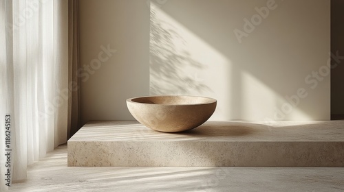 Minimalist stone bowl placed on a stone platform in a softly lit contemporary...