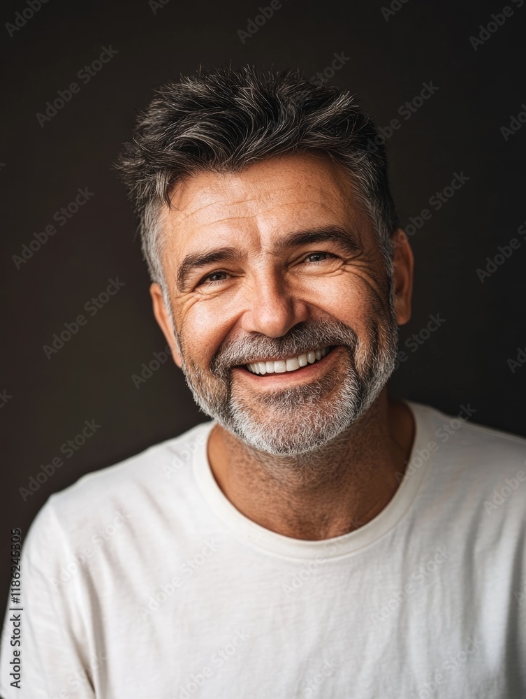 Smiling mature man with a joyful expression and salt-and-pepper beard, bright lighting, dark background, ample empty space for text, portrait orientation. Smiling mature man with a joyful expression and salt-and-pepper beard, bright lighting, dark background, ample empty space for text, portrait orientation.