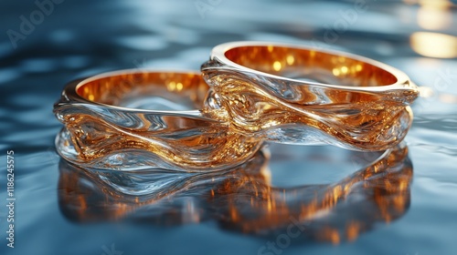 Elegant gold wedding rings displayed on a reflective surface with vibrant fol...