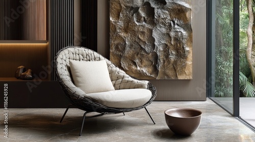 Modern interior design featuring a sculptural chair and textured wall in a se...