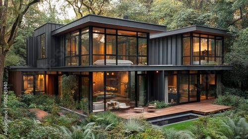 Modern architectural design blends with lush nature in a serene forest retreat