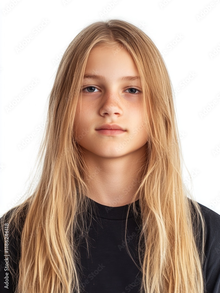 Portrait of a young boy with long blond hair gazing directly at the camera against an expansive white background with ample negative space for text. Portrait of a young boy with long blond hair gazing directly at the camera against an expansive white background with ample negative space for text.