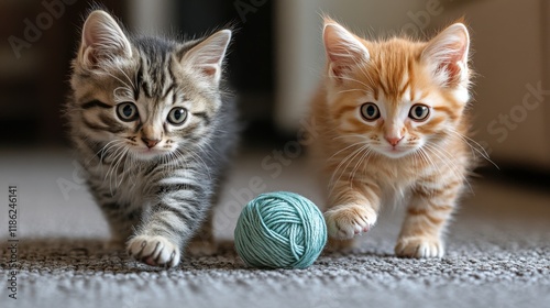 Two playful kittens chase a yarn ball on a cozy living room carpet