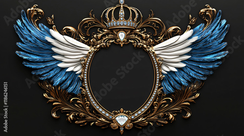 A luxurious ornate golden frame with blue and white angelic wings adorned with a crown and pearls on a dark background
