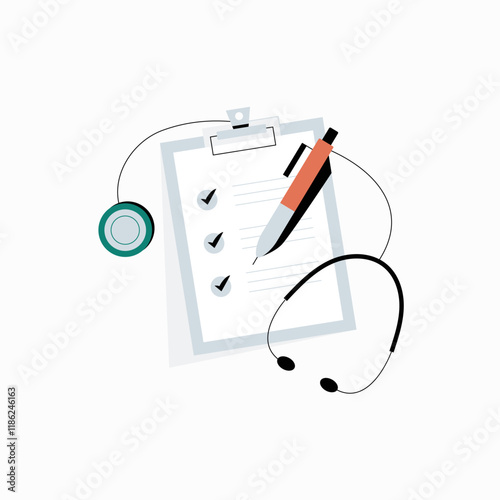 Clipboard with stethoscope and medical checklist in flat vector illustration symbolizing healthcare planning, diagnosis, and patient care, isolated on white background.
