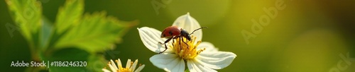 Beetle on white strawberry flower in sunlight, light, shine photo