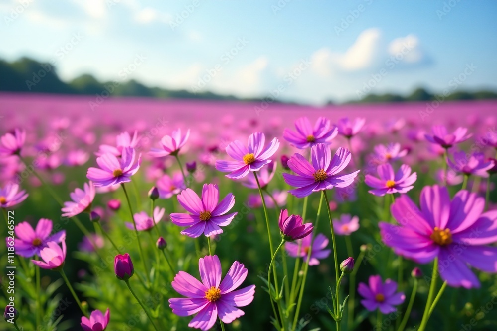 lush purple cosmos flowers blooming in a vast open field, purple cosmos field, nature lush purple cosmos flowers blooming in a vast open field, purple cosmos field, nature
